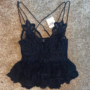 Free People Intimately Cross Cross Spaghetti Strap Ruffle Crop Top in Black